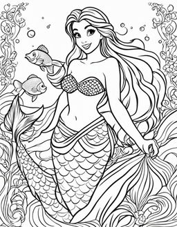 Ariel as a mermaid with fish tail, coloring page for children.