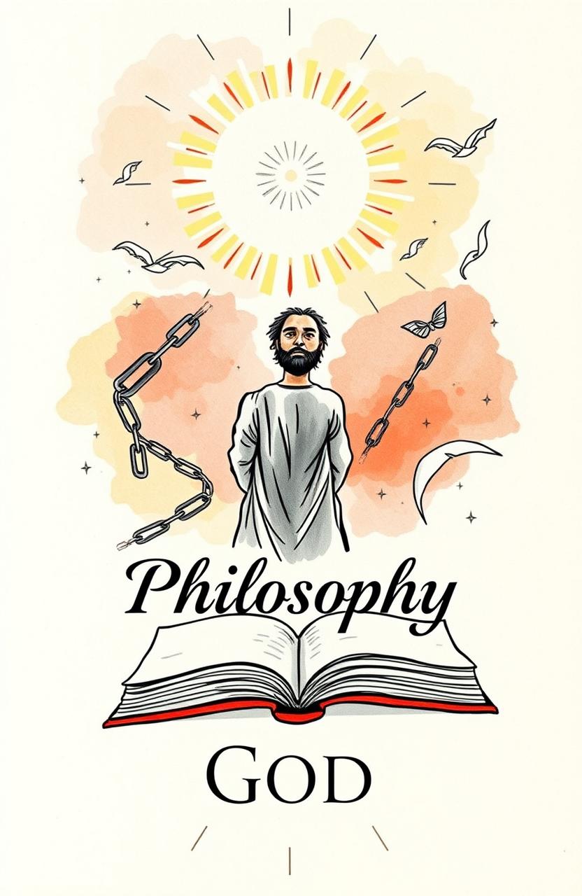 A hand-drawn book cover design that captures the essence of philosophy and God