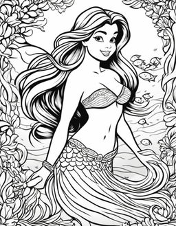 Ariel as a mermaid with fish tail, coloring page for children.