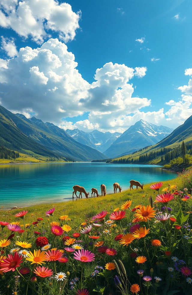 A vibrant and detailed fantasy landscape featuring a majestic, crystal-clear lake surrounded by lush, green hills