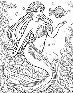 Ariel as a mermaid with fish tail, coloring page for children.