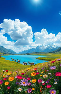 A vibrant and detailed fantasy landscape featuring a majestic, crystal-clear lake surrounded by lush, green hills