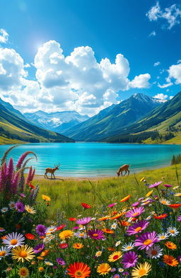 A vibrant and detailed fantasy landscape featuring a majestic, crystal-clear lake surrounded by lush, green hills