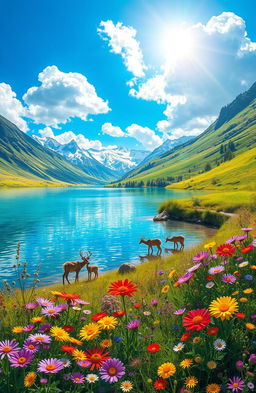 A vibrant and detailed fantasy landscape featuring a majestic, crystal-clear lake surrounded by lush, green hills