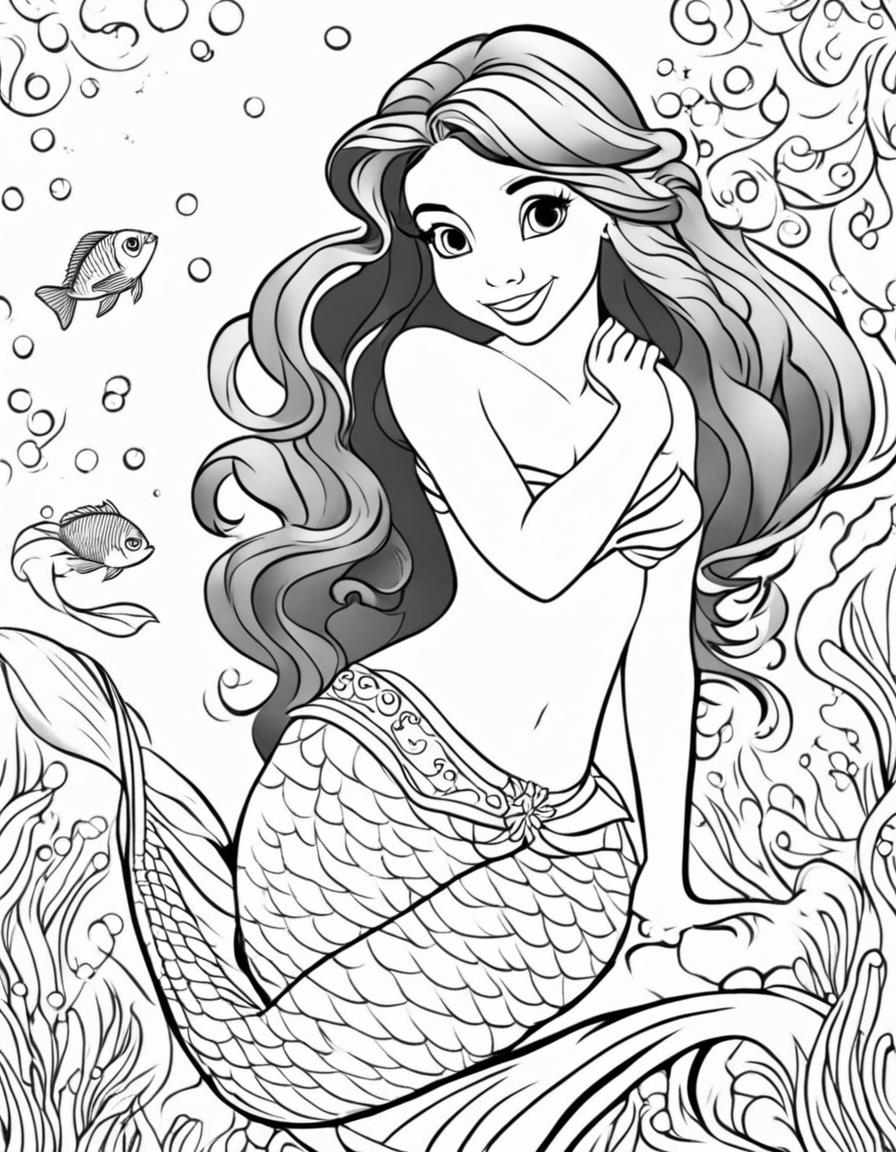 Ariel as a mermaid with fish tail, coloring page for children.