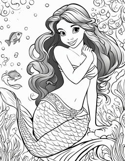 Ariel as a mermaid with fish tail, coloring page for children.