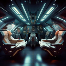 interior of a four-seater, double. cabin, futuristic jet fighter with interceptor devices