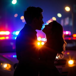 A dramatic silhouette of a couple kissing intensely, surrounded by the vibrant lights of police sirens and police cars in the background