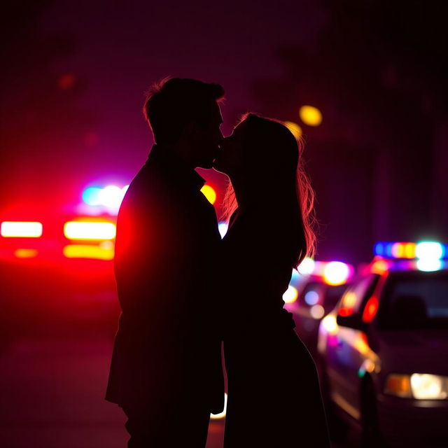 A dramatic silhouette of a couple kissing intensely, surrounded by the vibrant lights of police sirens and police cars in the background