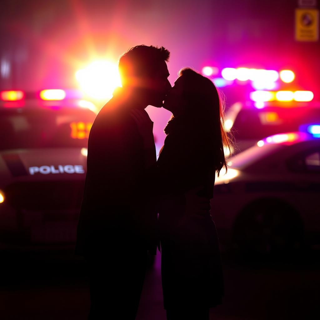 A dramatic silhouette of a couple kissing intensely, surrounded by the vibrant lights of police sirens and police cars in the background