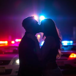 A dramatic silhouette of a couple kissing intensely, surrounded by the vibrant lights of police sirens and police cars in the background