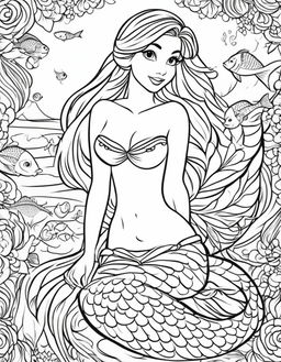 Ariel as a mermaid with fish tail, coloring page for children.