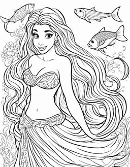 Ariel as a mermaid with fish tail, coloring page for children.