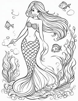 Ariel as a mermaid with fish tail, coloring page for children.