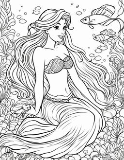 Ariel as a mermaid with fish tail, coloring page for children.