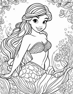 Ariel as a mermaid with fish tail, coloring page for children.