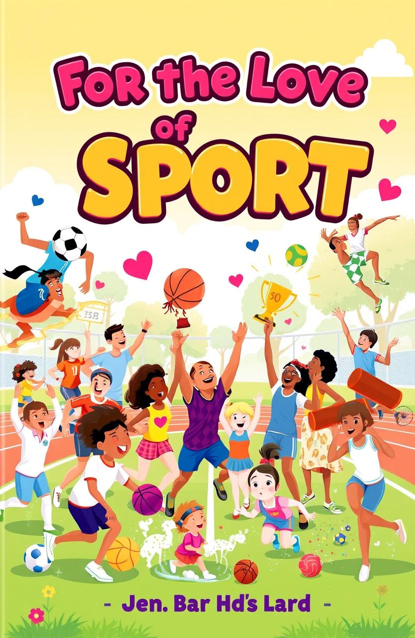 A vivid and engaging book cover for 'For the Love of Sport', showcasing a diverse group of people of various ages and backgrounds actively participating in different sports such as soccer, basketball, swimming, and gymnastics