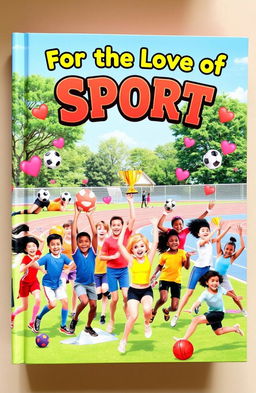 A vivid and engaging book cover for 'For the Love of Sport', showcasing a diverse group of people of various ages and backgrounds actively participating in different sports such as soccer, basketball, swimming, and gymnastics