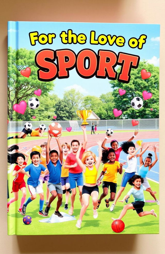 A vivid and engaging book cover for 'For the Love of Sport', showcasing a diverse group of people of various ages and backgrounds actively participating in different sports such as soccer, basketball, swimming, and gymnastics