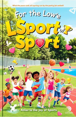 A vivid and engaging book cover for 'For the Love of Sport', showcasing a diverse group of people of various ages and backgrounds actively participating in different sports such as soccer, basketball, swimming, and gymnastics
