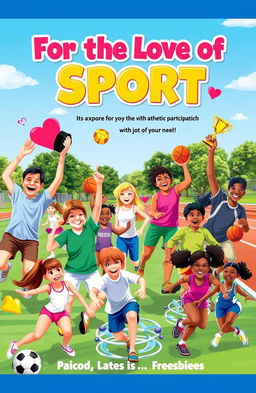 A vivid and engaging book cover for 'For the Love of Sport', showcasing a diverse group of people of various ages and backgrounds actively participating in different sports such as soccer, basketball, swimming, and gymnastics