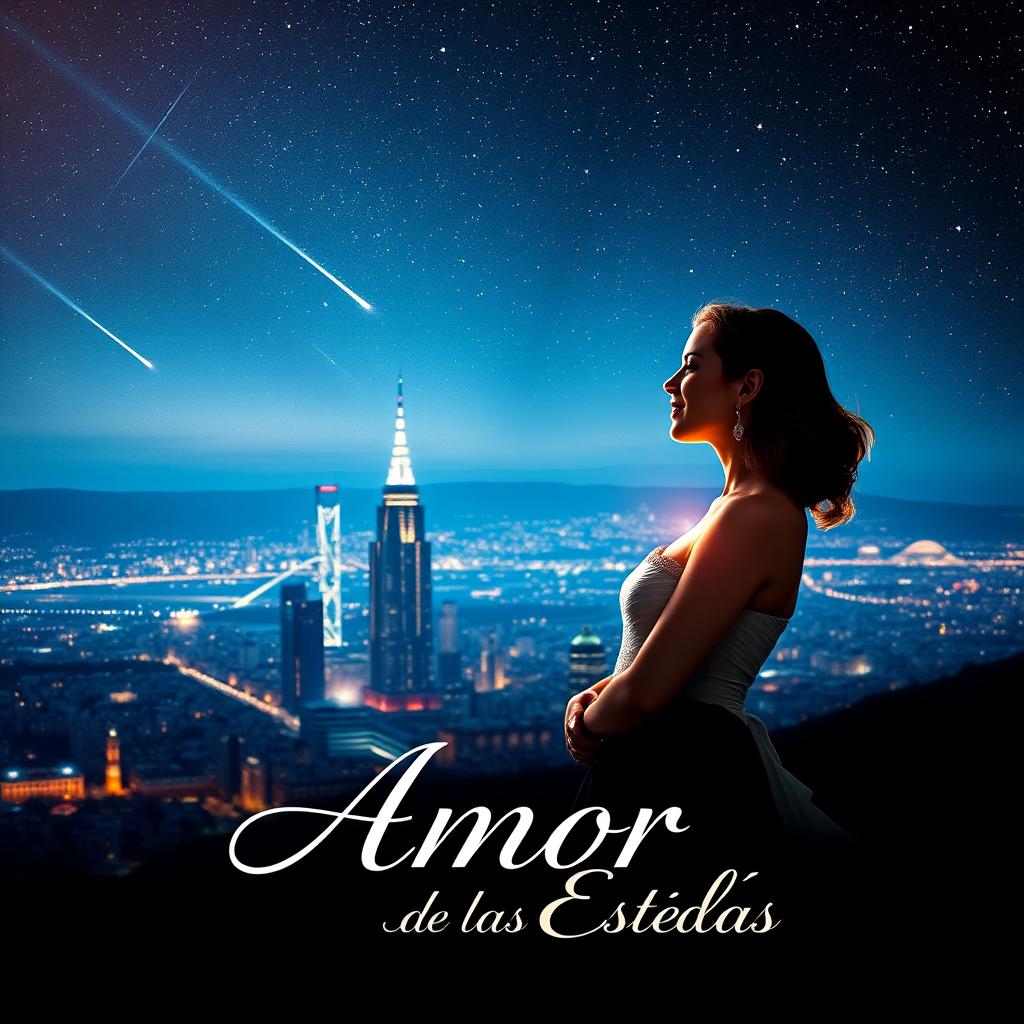 A stunning movie poster for a film titled 'Amor en la Ciudad de las Estrellas'