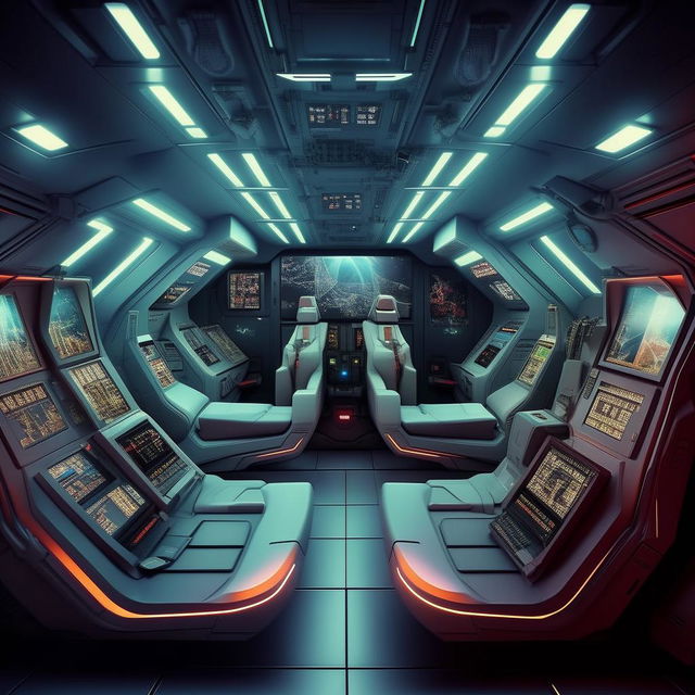 interior of a four-seater, double. cabin, futuristic jet fighter with interceptor devices