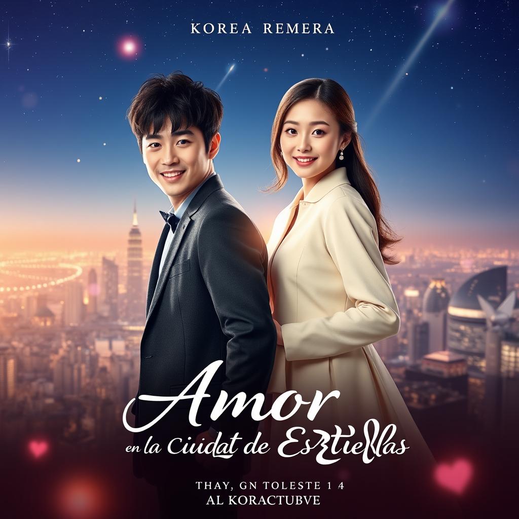 A beautiful movie poster for a film titled 'Amor en la Ciudad de las Estrellas', featuring Korean actors