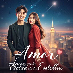 A beautiful movie poster for a film titled 'Amor en la Ciudad de las Estrellas', featuring Korean actors