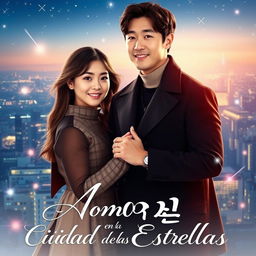 A beautiful movie poster for a film titled 'Amor en la Ciudad de las Estrellas', featuring Korean actors