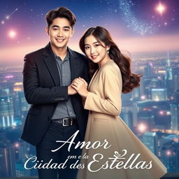 A beautiful movie poster for a film titled 'Amor en la Ciudad de las Estrellas', featuring Korean actors