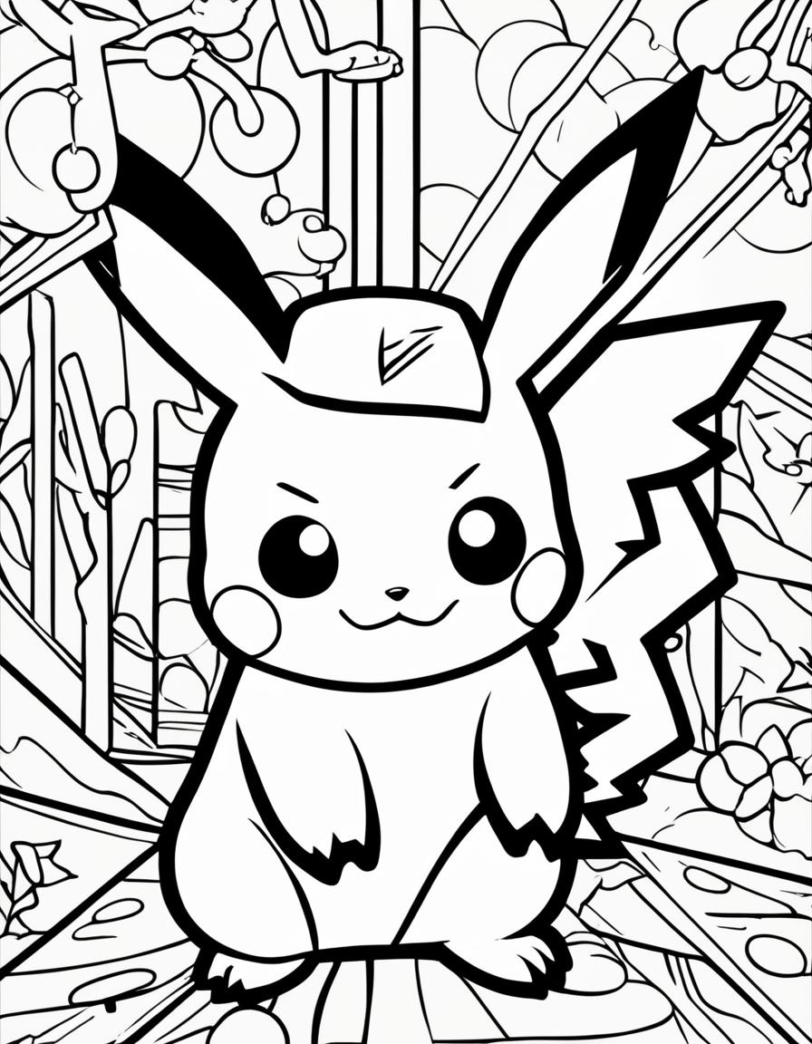 A simple coloring book page featuring Pikachu from Pokemon with bold outlines and minimalistic background.