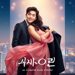 A romantic movie poster for a film titled 'Amor en la Ciudad de las Estrellas', featuring the beloved Korean actors Cha Eun Woo and Jung So Min