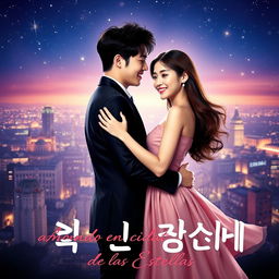 A romantic movie poster for a film titled 'Amor en la Ciudad de las Estrellas', featuring the beloved Korean actors Cha Eun Woo and Jung So Min