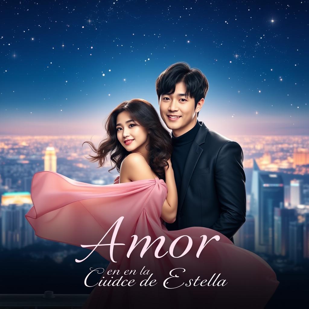 A romantic movie poster for a film titled 'Amor en la Ciudad de las Estrellas', featuring the beloved Korean actors Cha Eun Woo and Jung So Min
