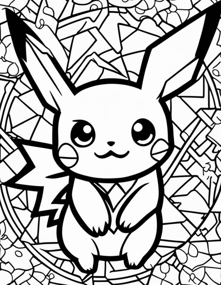 A simple coloring book page featuring Pikachu from Pokemon with bold outlines and minimalistic background.