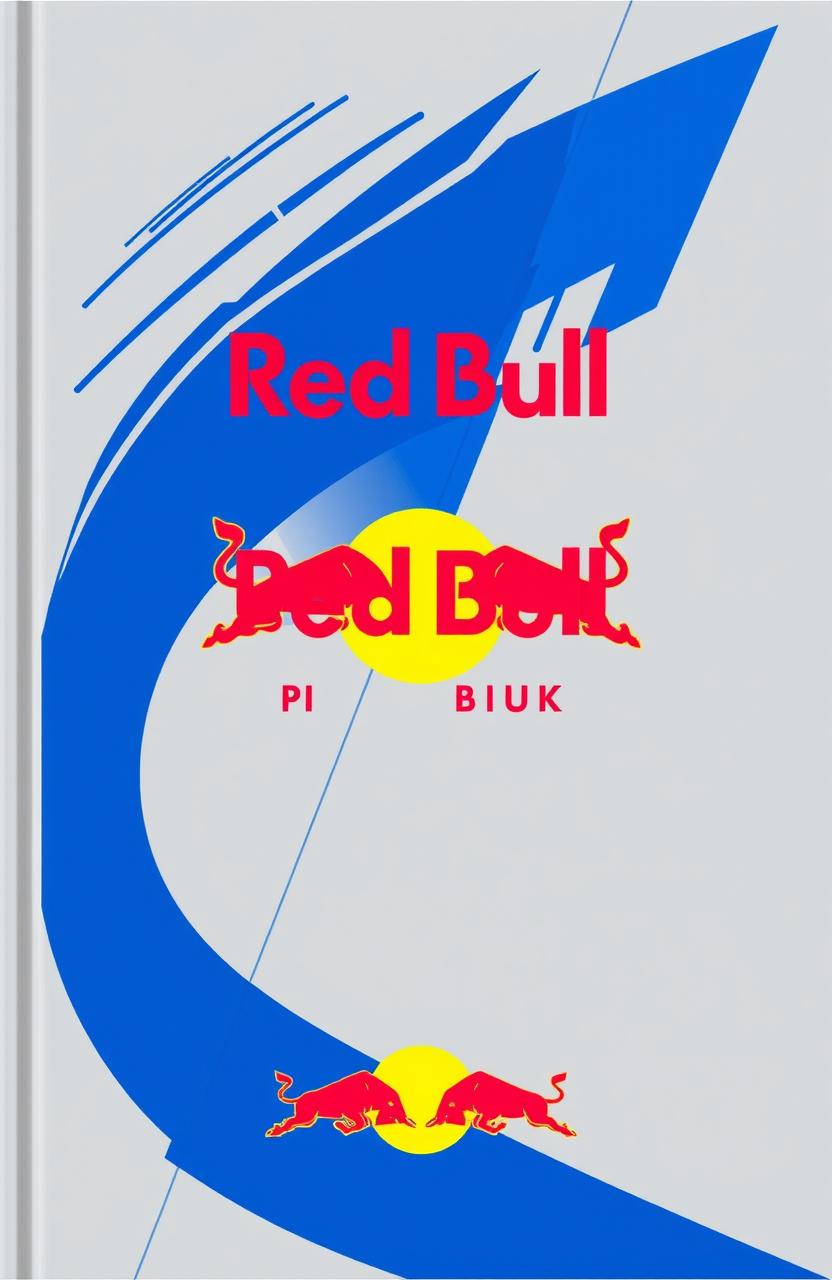 A vibrant and energetic cover design featuring a sleek grey and blue color palette with elements representing Red Bull, such as wings or a dynamic bull silhouette
