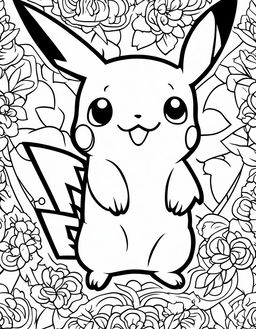 A simple coloring book page featuring Pikachu from Pokemon with bold outlines and minimalistic background.