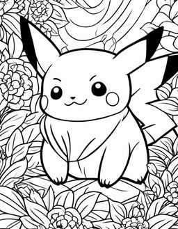 A coloring book page featuring a sleeping Pikachu from Pokemon with bold outlines and a peaceful background.