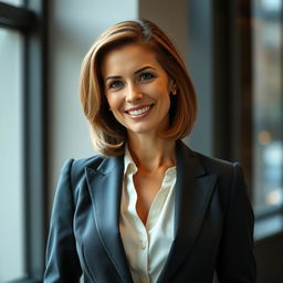 An elegant and professional-looking white woman around 40 years old, exuding confidence and sophistication suitable for a dating website profile