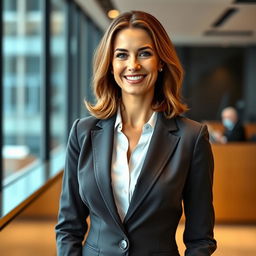 An elegant and professional-looking white woman around 40 years old, exuding confidence and sophistication suitable for a dating website profile