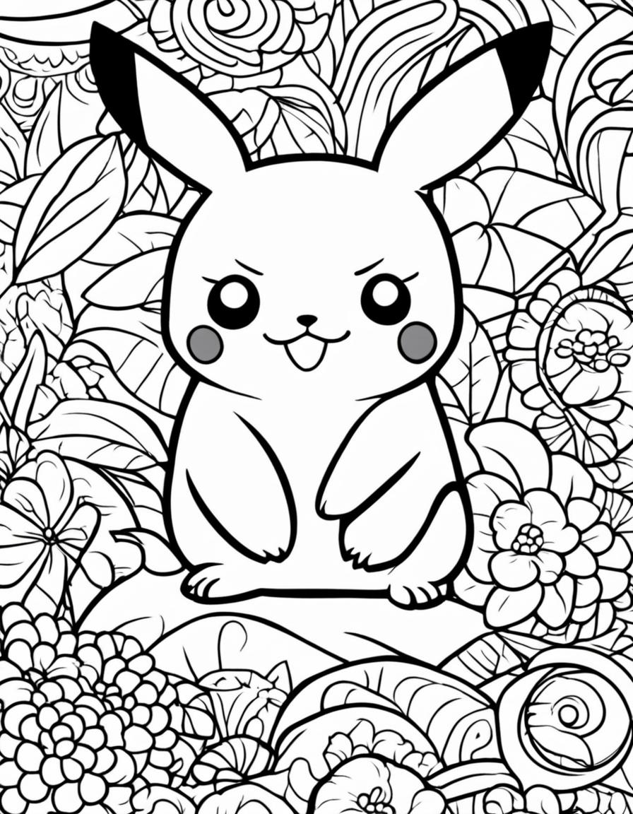 A coloring book page featuring a sleeping Pikachu from Pokemon with bold outlines and a peaceful background.