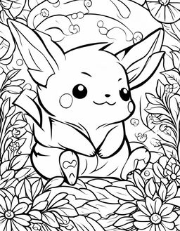 A coloring book page featuring a sleeping Pikachu from Pokemon with bold outlines and a peaceful background.