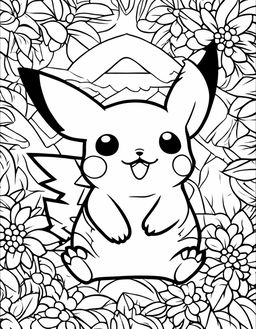 A coloring book page featuring a sleeping Pikachu from Pokemon with bold outlines and a peaceful background.