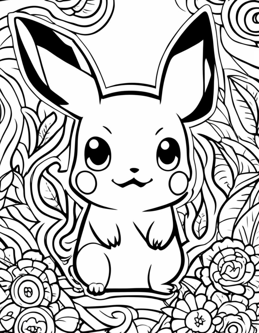 A simple coloring book page featuring Pikachu from Pokemon with bold outlines and minimalistic background.