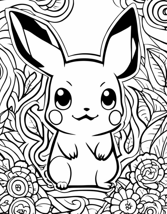 A simple coloring book page featuring Pikachu from Pokemon with bold outlines and minimalistic background.