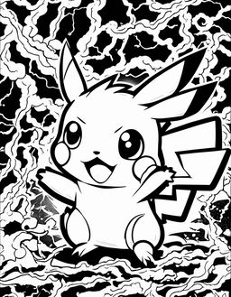 A coloring book page featuring Pikachu from Pokemon, surrounded by lightning, with bold outlines.