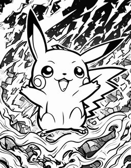 A coloring book page featuring Pikachu from Pokemon, surrounded by lightning, with bold outlines.