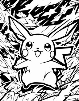 A coloring book page featuring Pikachu from Pokemon, surrounded by lightning, with bold outlines.