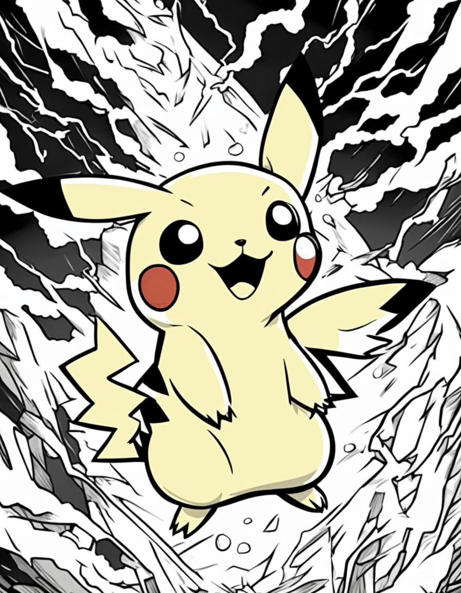 A coloring book page featuring Pikachu from Pokemon, surrounded by lightning, with bold outlines.